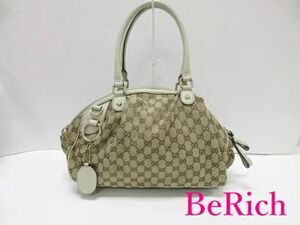 Gucci Tote Bag GG Canvas White Beige Leather Shoulder Handbag